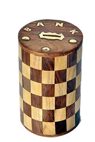 THEWOODMART Wooden Money Bank in Round Shape & Chess Look