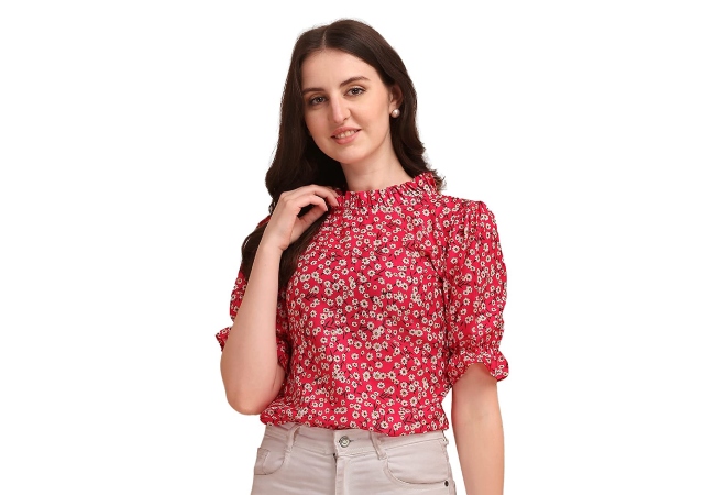 Wedani Women's Casual Puff Sleeves Ruffled Collor Foral Top
