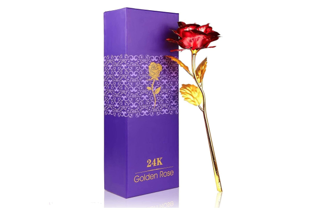 INTERNATIONAL GIFT Red Rose Flower with Golden Leaf with Luxury Gift Box