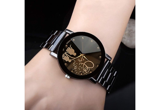 Skylofts Love Chrome Plated Stainless Steel Black Dial Women Watch