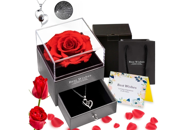 Danav Box Preserved Rose with Heart Love You Necklace