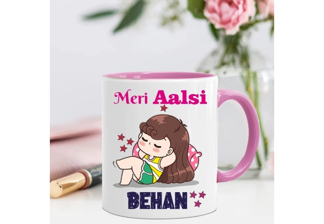 Meri Aalsi Behen Pink Handle White Ceramic Mug