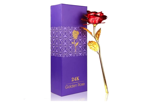 Red Rose Flower with Golden Leaf with Gift Box