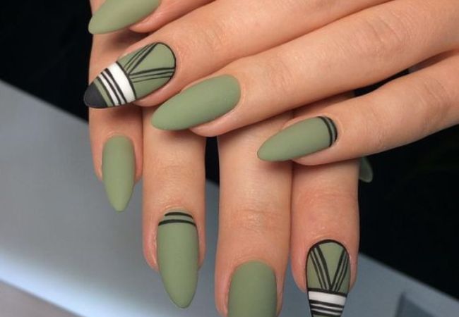 Olive Green and Stripes Nails